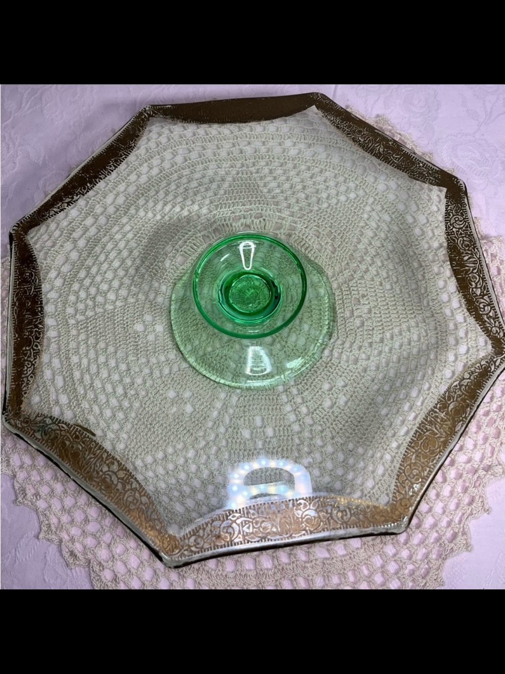 Vintage Tiffin Franciscan Green Octagon Cake Stand Gold Rambler Rose Pedestal